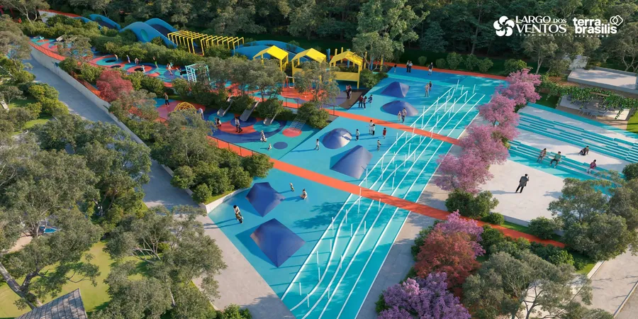 Cidade da Criança, com playground colorido, pista e arquibancada